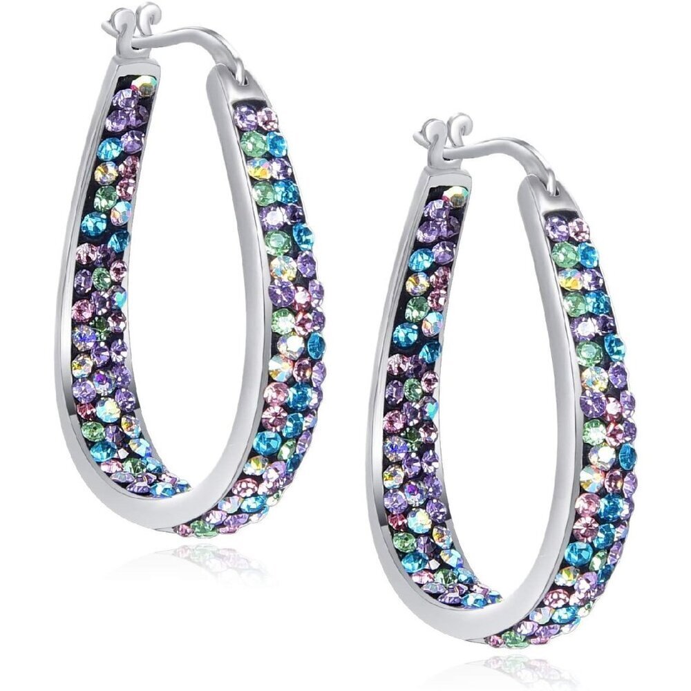 Crystal Hoop Earrings Silver Plated 1.2 Inch Women Gift Elegant Jewelry